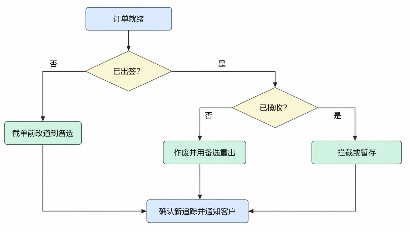 流程图:订单就绪后先问是否已出签,未出签则截单前改道备选;已出签且未揽收则作废重出,已揽收则拦截或暂存;最后统一确认新追踪并通知客户