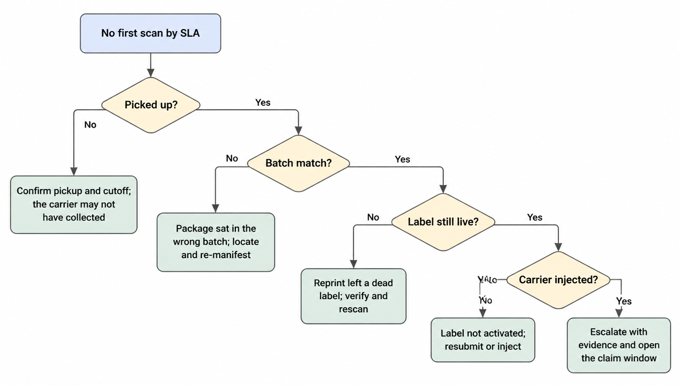 Decision tree: no first scan by SLA, first ask picked up: if no, confirm pickup and cutoff, the carrier may not have collected; if yes, ask batch match: if no, package sat in the wrong batch, locate and re-manifest; if yes, ask label still live: if no, a reprint left a dead label, verify and rescan; if yes, ask carrier injected: if no, label not activated, resubmit or inject; if yes, escalate with evidence and open the claim window