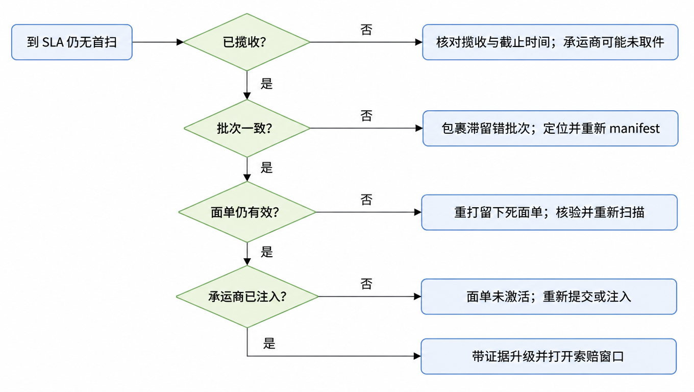 决策树流程图:到 SLA 仍无首扫,先问是否已揽收:否则核对揽收与截止时间、承运商可能未取件;是则问批次是否一致:不一致则包裹滞留错批次、定位并重新 manifest;一致则问面单是否仍有效:无效则是重打留下死面单、核验并重新扫描;有效则问承运商是否已注入:未注入则面单未激活、重新提交或注入;已注入则带证据升级并打开索赔窗口