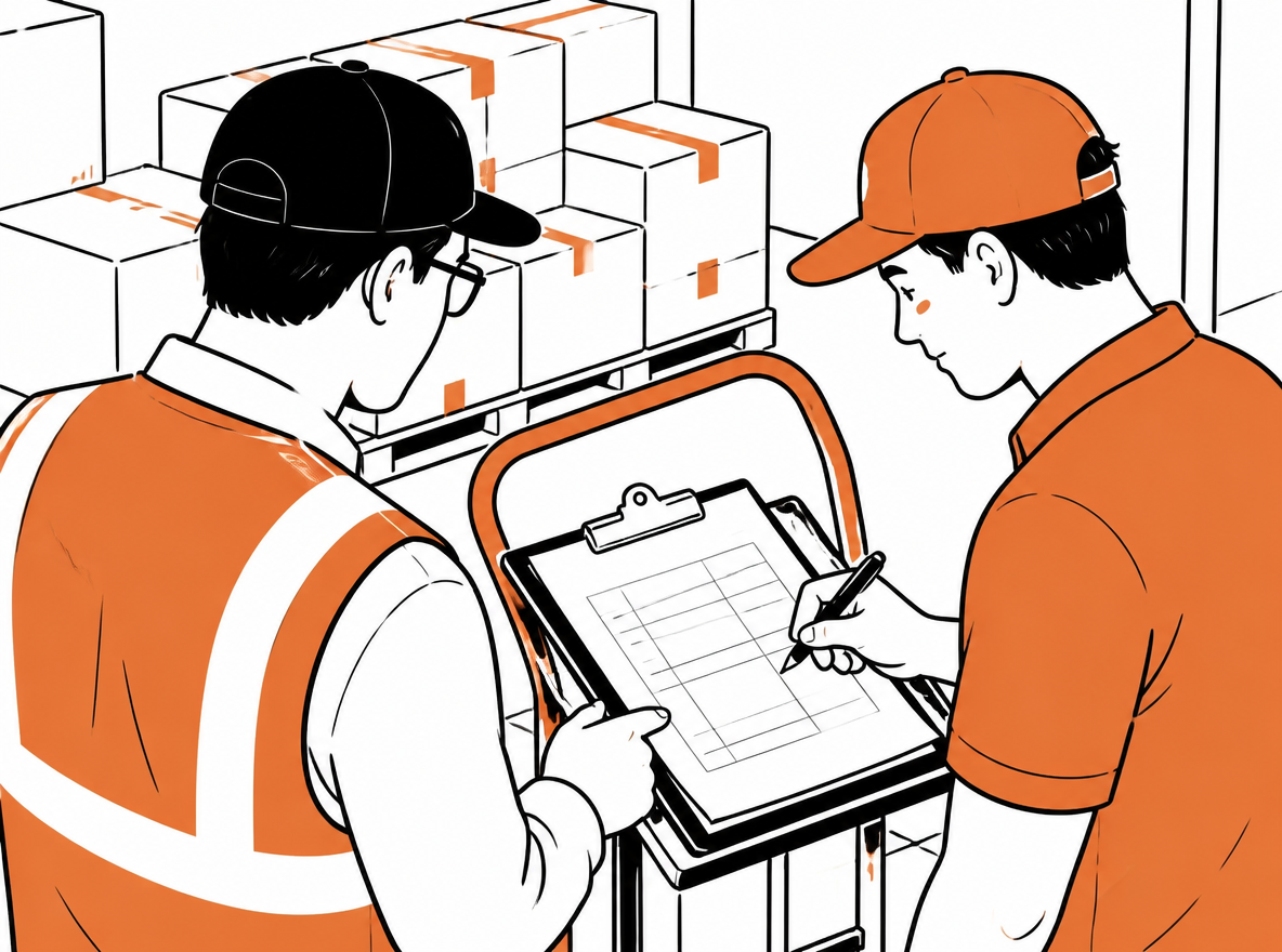Warehouse supervisor and carrier driver sign a handoff checklist on a parcel cart.