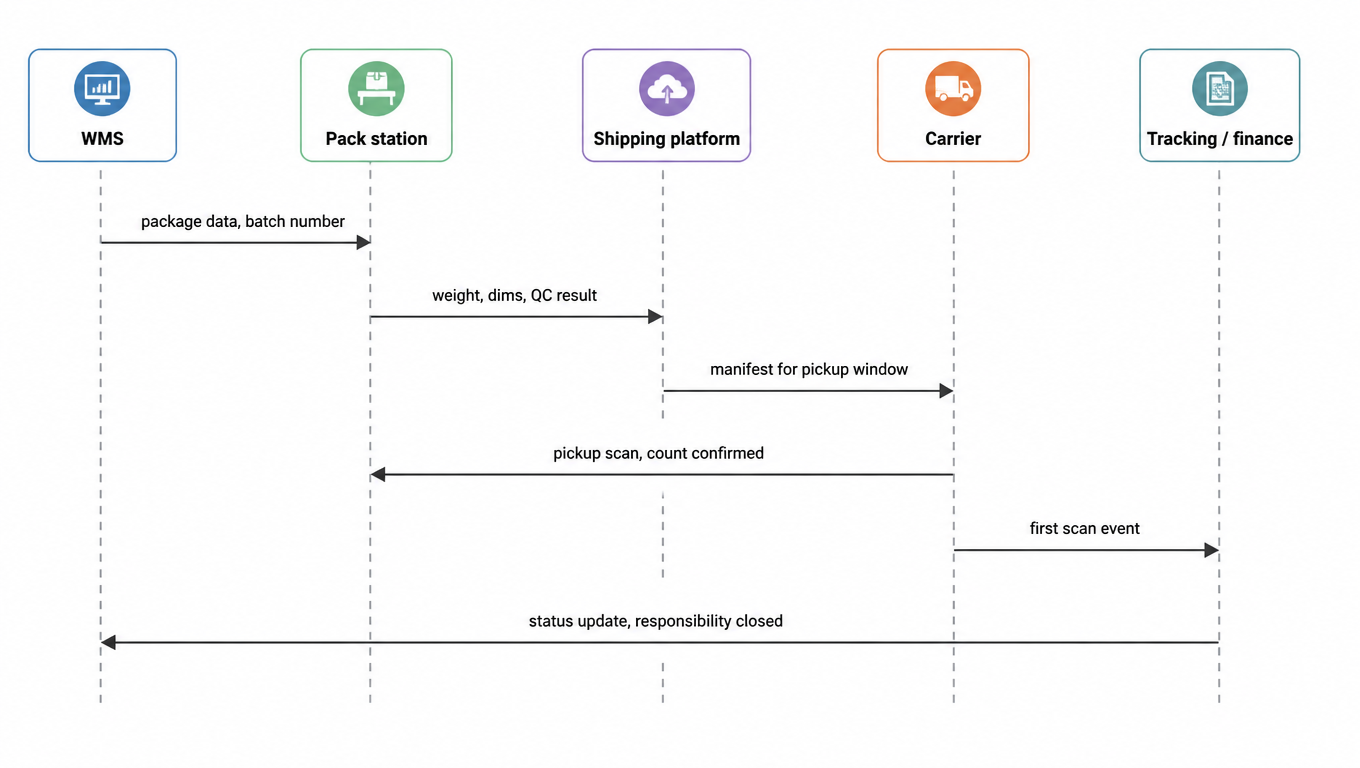 Five-lane sequence diagram: WMS passes package data and batch number to the pack station, pack station returns weight, dims and QC result to the shipping platform, shipping platform submits the manifest for the pickup window to the carrier, carrier performs pickup scan and count confirmation at the pack station, carrier sends the first scan event to tracking and finance, then the status update returns to WMS and responsibility closes