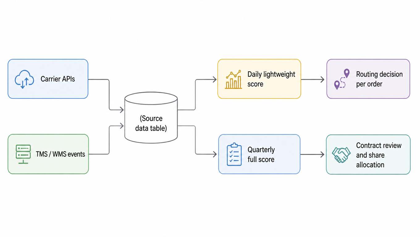 Flow diagram of the two-track system: carrier APIs and TMS/WMS events feed one source data table, which feeds both the daily lightweight score (routing decisions) and the quarterly full score (contract review and share allocation)