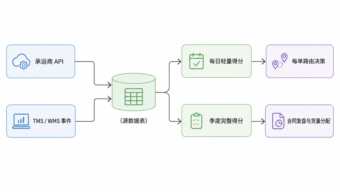 双轨数据流图:承运商 API 与 TMS/WMS 事件汇入源数据表,再分别流向每日轻量得分(驱动每单路由)与季度完整得分(驱动合同复盘与货量分配)