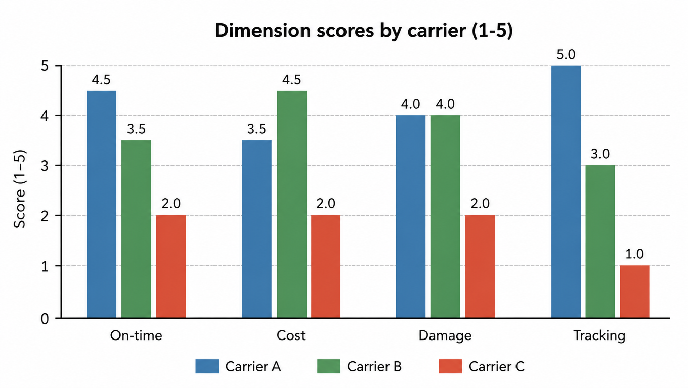 Grouped bar chart of dimension scores (1-5) by carrier: Carrier A on-time 4.5, cost 3.5, damage 4, tracking 5; Carrier B 3.5, 4.5, 4, 3; Carrier C 2, 2, 2, 1
