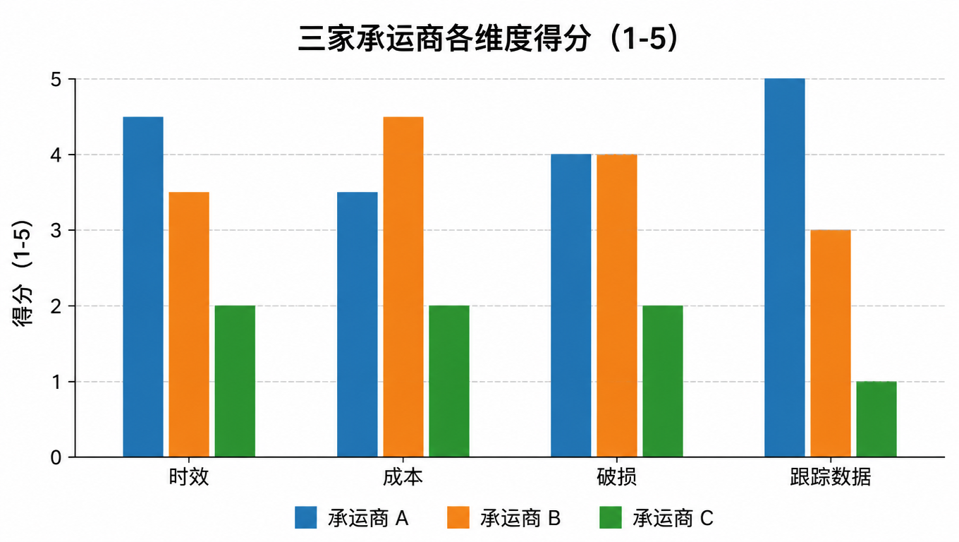 三家承运商各维度得分对比柱状图(1-5 分):A 时效 4.5、成本 3.5、破损 4、跟踪 5;B 时效 3.5、成本 4.5、破损 4、跟踪 3;C 时效 2、成本 2、破损 2、跟踪 1