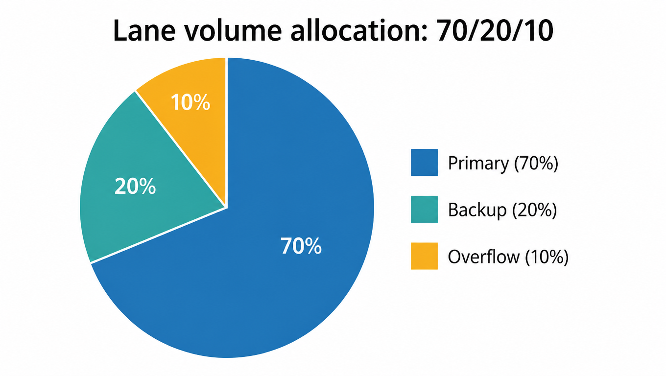 Pie chart of lane volume allocation: primary 70%, backup 20%, overflow 10%