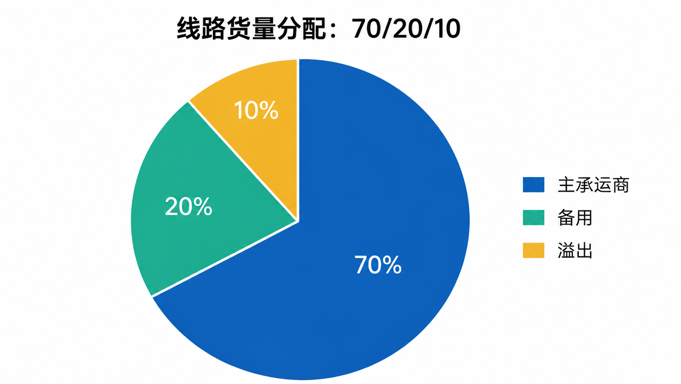 饼图：线路货量 70/20/10 分配，主承运商 70%、备用 20%、溢出 10%