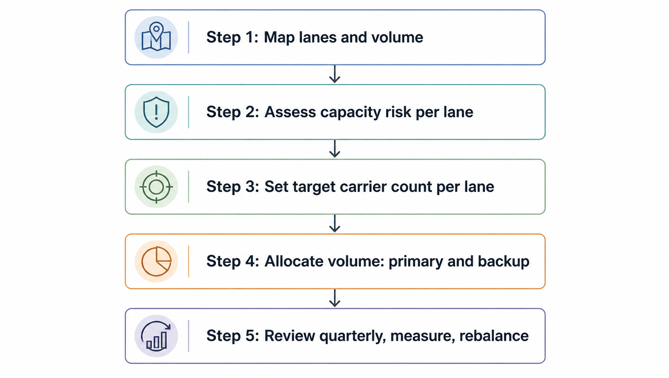 Flow diagram of the five-step framework: map lanes and volume, assess capacity risk per lane, set target carrier count per lane, allocate volume primary and backup, review quarterly and rebalance
