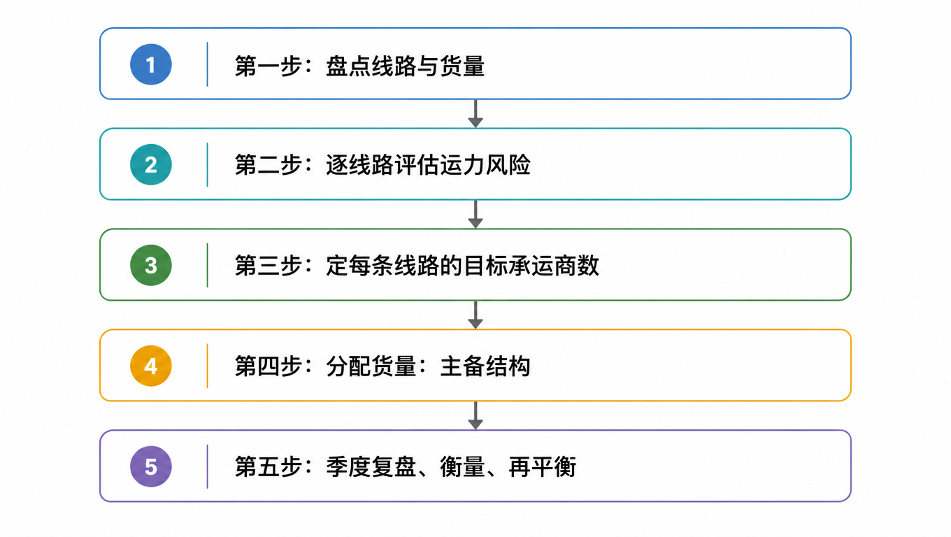 五步决策框架流程图：盘点线路与货量、逐线路评估运力风险、定目标承运商数、主备结构分配货量、季度复盘再平衡