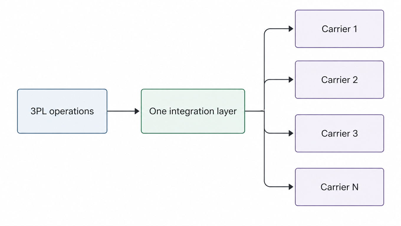 Flow diagram: 3PL operations connect through one integration layer to Carrier 1, Carrier 2, Carrier 3, up to Carrier N
