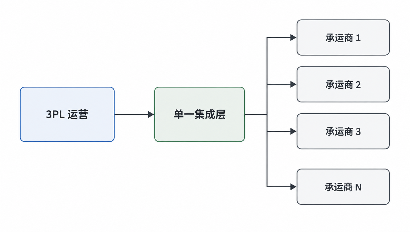 流程图：3PL 运营通过单一集成层连接承运商 1、承运商 2、承运商 3 直到承运商 N