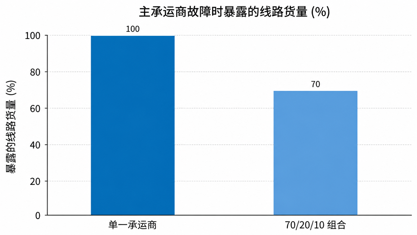 柱状图：主承运商故障时暴露的线路货量，单一承运商 100%，70/20/10 组合 70%