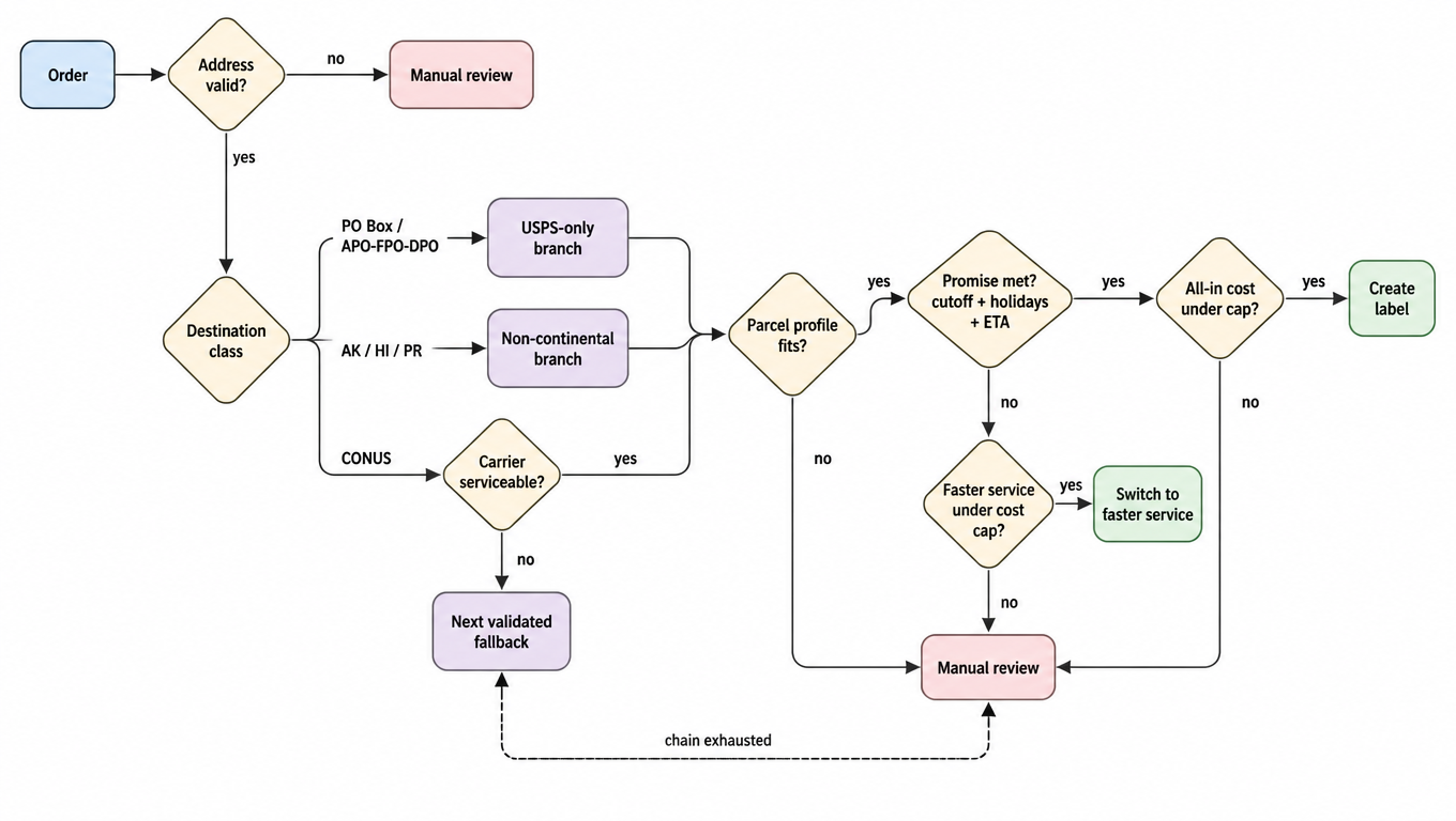 Decision tree: valid address, destination class, carrier serviceability, parcel profile, delivery promise, all-in cost; any failure goes to fallback chain or manual review