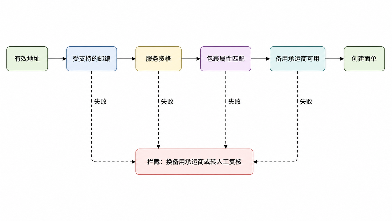 流程图:有效地址、受支持的邮编、服务资格、包裹属性匹配、备用承运商可用、创建面单,任一步失败则拦截并转备用承运商或人工复核