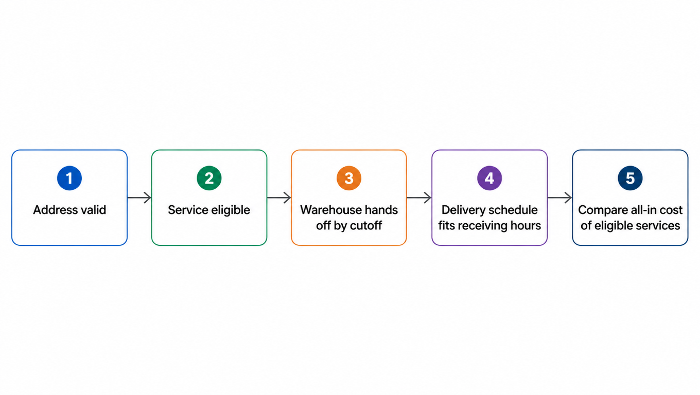 Flowchart: address valid, service eligible, warehouse hands off by cutoff, delivery schedule fits receiving hours, compare all-in cost of eligible services