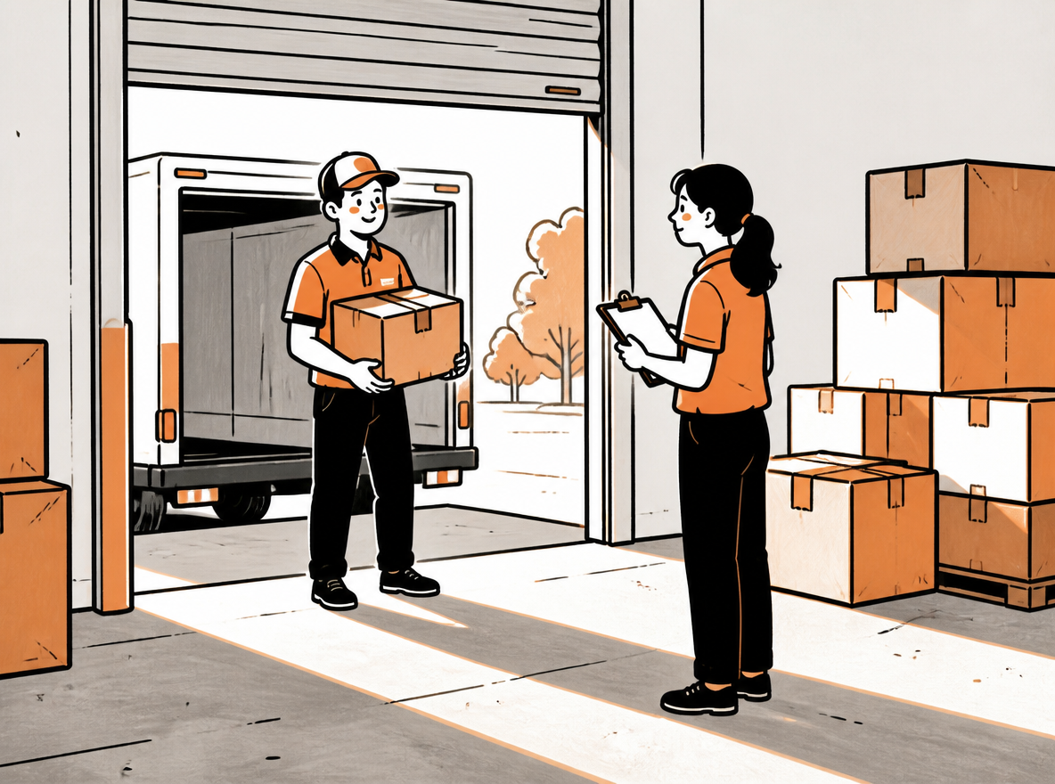 A hand-drawn editorial scene of a small business receiving dock in late afternoon: a driver at a half-open roll-up door, a receiving clerk with a clipboard, stacked cartons on bare concrete.