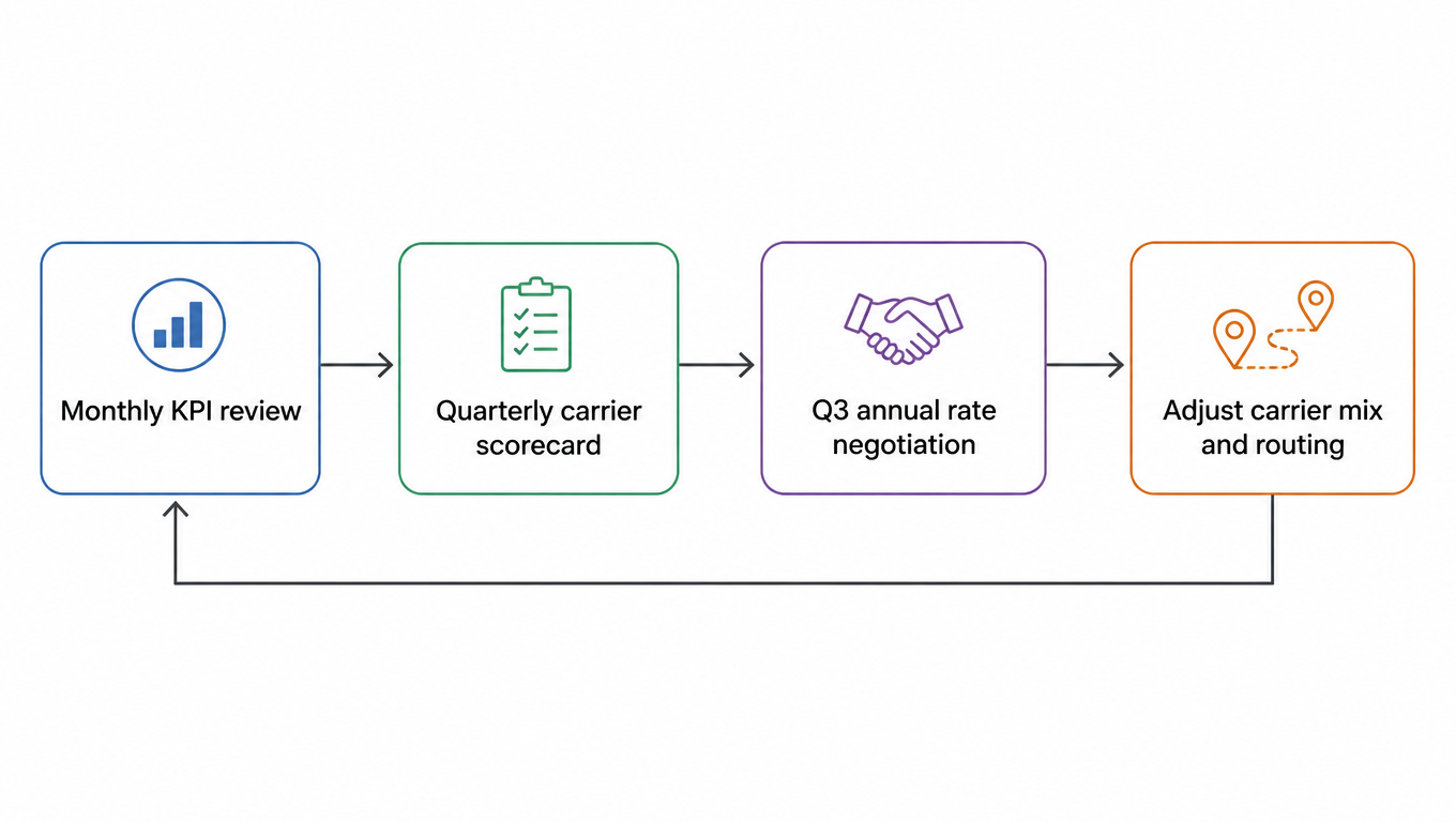 Annual cycle diagram: monthly KPI review, quarterly scorecard, Q3 rate negotiation, adjust mix and routing