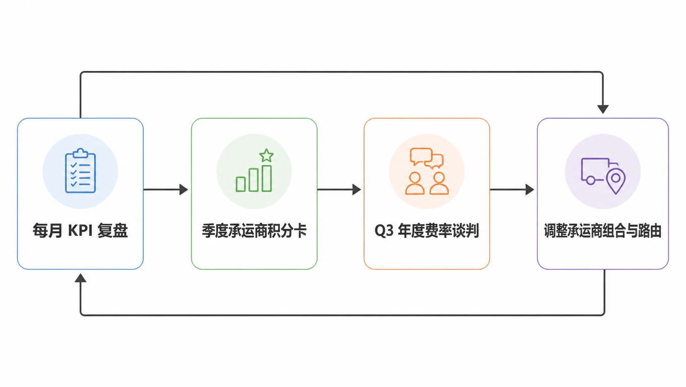 年度循环图:每月 KPI 复盘、季度积分卡、Q3 费率谈判、调整组合与路由