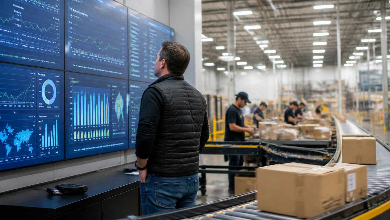 Inside a modern fulfillment center, an operations manager studying carrier KPI dashboards on a large monitor with conveyor belts and packing stations behind, bright realistic scene