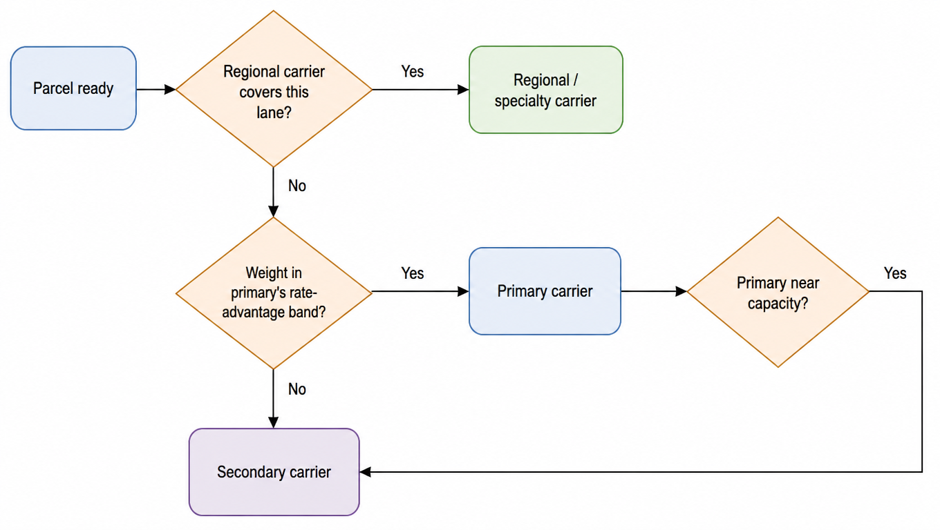 Routing decision flowchart: regional coverage, weight band, and capacity checks assign each parcel to a carrier