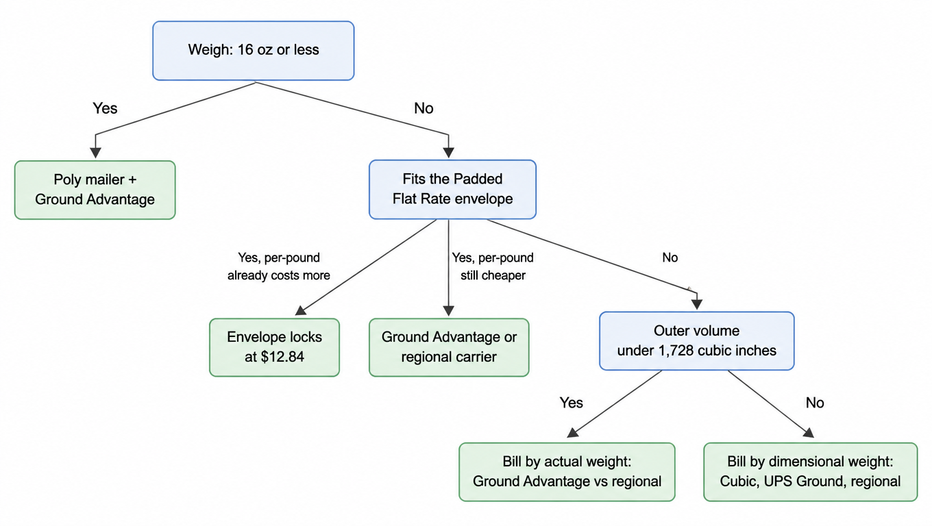 Decision flow: weigh first to test the 16 ounce line, then check whether the garment fits the flat rate envelope and whether the lane reaches the crossover, then test whether the outer volume sits under 1,728 cubic inches to decide dimensional weight and cubic eligibility