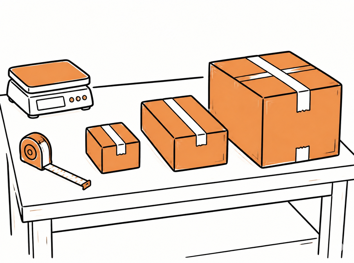 Three differently sized parcels beside a tape measure and postal scale on a packing bench.