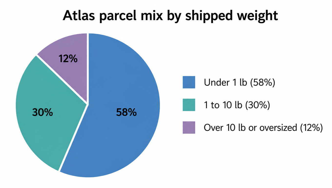 Pie chart: Atlas parcel mix by shipped weight, under 1 lb 58%, 1 to 10 lb 30%, over 10 lb or oversized 12%