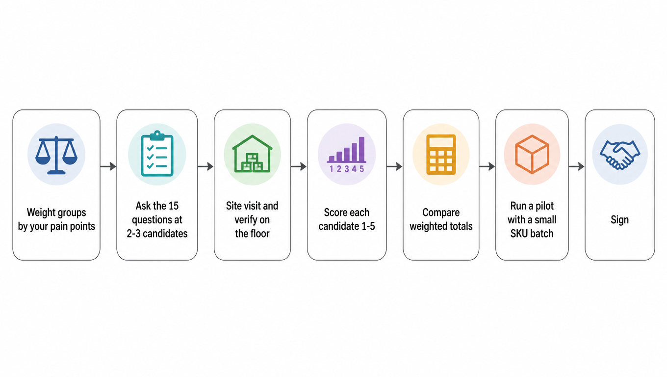 3PL selection flow: weight groups by pain points, ask the 15 questions at 2-3 candidates, site visit and verify, score each candidate 1-5, compare weighted totals, run a pilot with a small SKU batch, sign