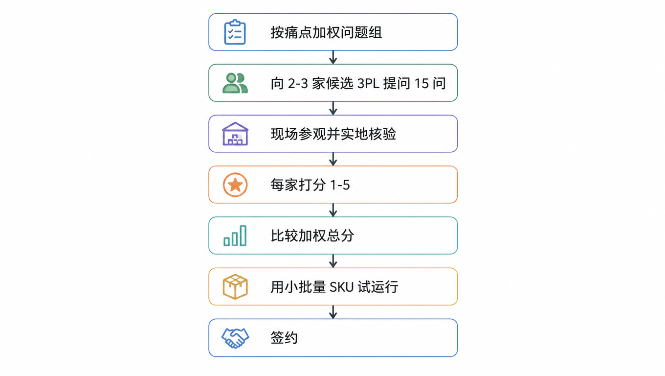 3PL 选型流程图:按痛点加权问题组,向 2-3 家候选提问 15 问,现场参观实地核验,每家打 1-5 分,比较加权总分,用小批量 SKU 试运行,最后签约