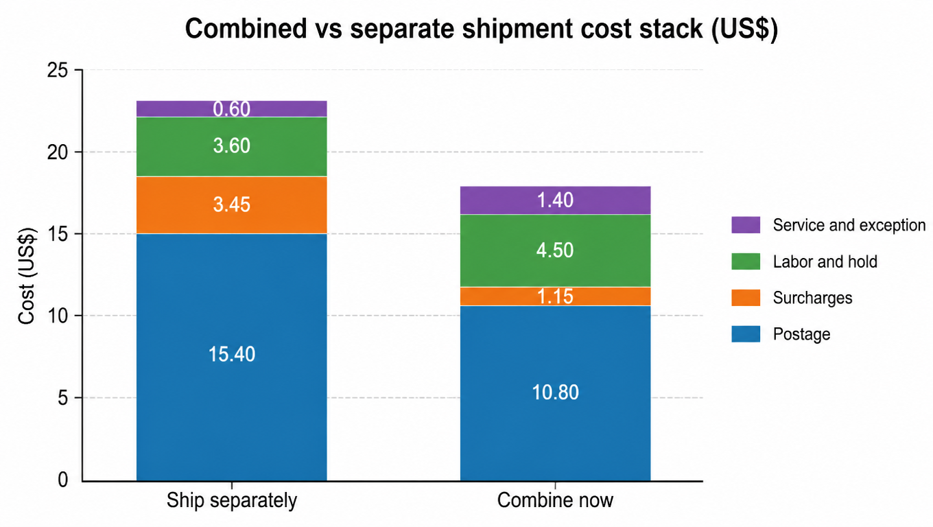 Stacked bar chart of combined versus separate shipment cost in US dollars, split into postage, surcharges, labor and hold, and service and exception