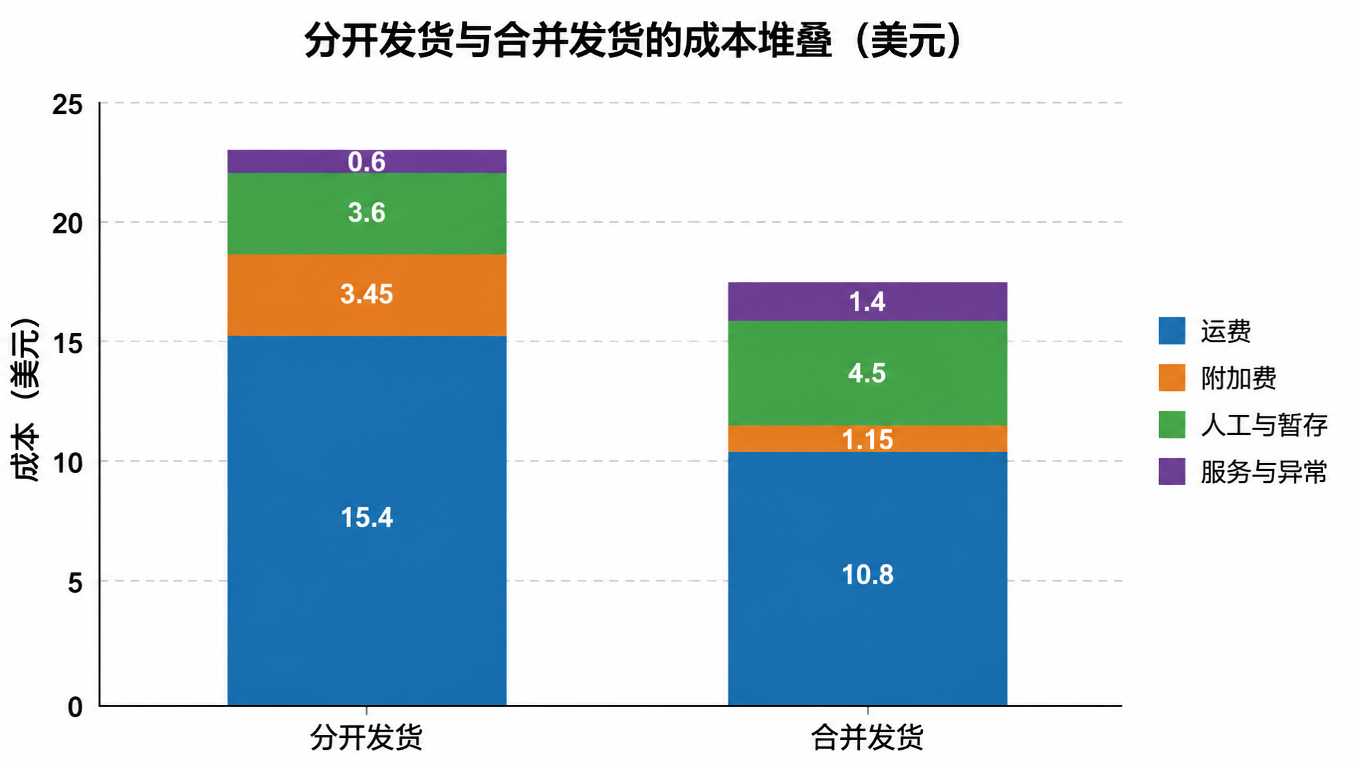堆叠柱状图:分开发货与合并发货的成本构成(美元),分为运费、附加费、人工与暂存、服务与异常四块
