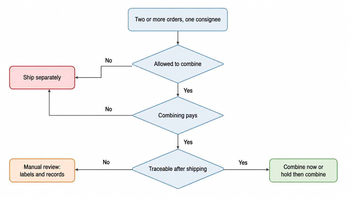 Flowchart: two or more orders for one consignee, testing in order whether combining is allowed, whether it pays, and whether the parcel is traceable after shipping, with any no leading to shipping separately or manual review