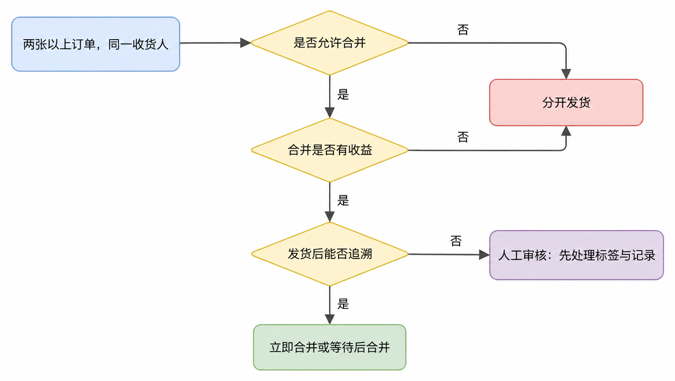 流程图:两张以上订单且同一收货人,依次判断是否允许合并、合并是否有收益、发货后能否追溯,任一否都走向分开发货或人工审核,全部通过则立即合并或等待后合并