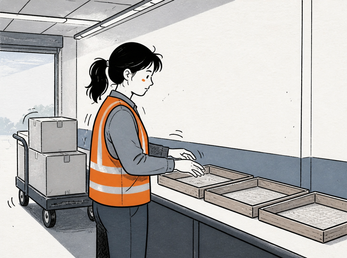 Hand-drawn illustration of a supervisor standing at a narrow staging aisle with three shallow wooden trays in a row on the bench in front of her like checkpoints, hands hovering over the first tray, boxes waiting behind her on a rolling cart, cool fluorescent light mixed with daylight from a loading door, muted grey-blue palette with one orange vest, wobble lines and paper-grain texture, not perfectly symmetrical.