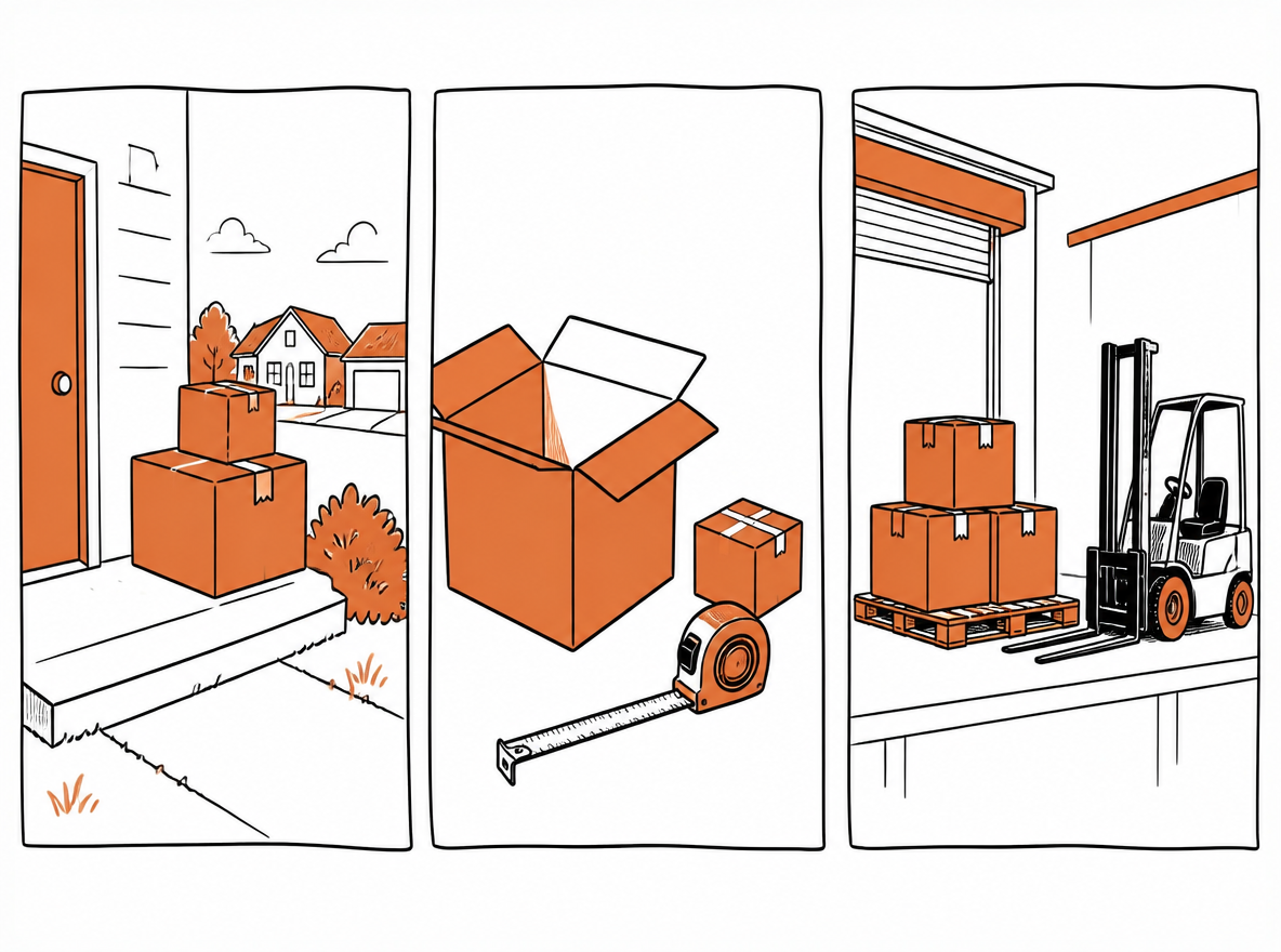Hand-drawn illustration of three small vignettes on one page: a suburban doorstep with two stacked parcels, a large void-filled box beside a tight small one with a measuring tape, and a loading dock with three purchase-order cartons on a pallet and a forklift waiting, loose ink line with flat orange fills, white background, slight paper grain, uneven panel borders.