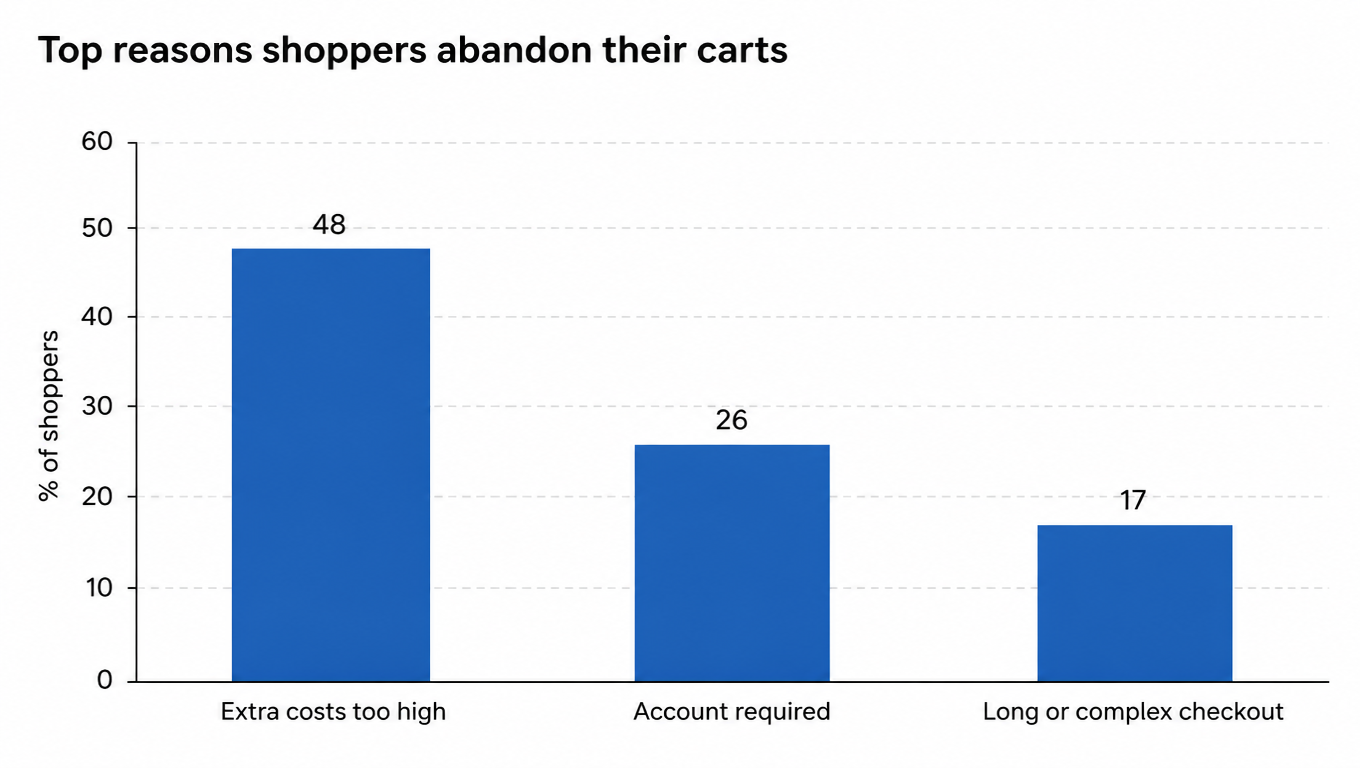 Top reasons shoppers abandon their carts: extra costs too high 48%, account required 26%, long or complex checkout 17%