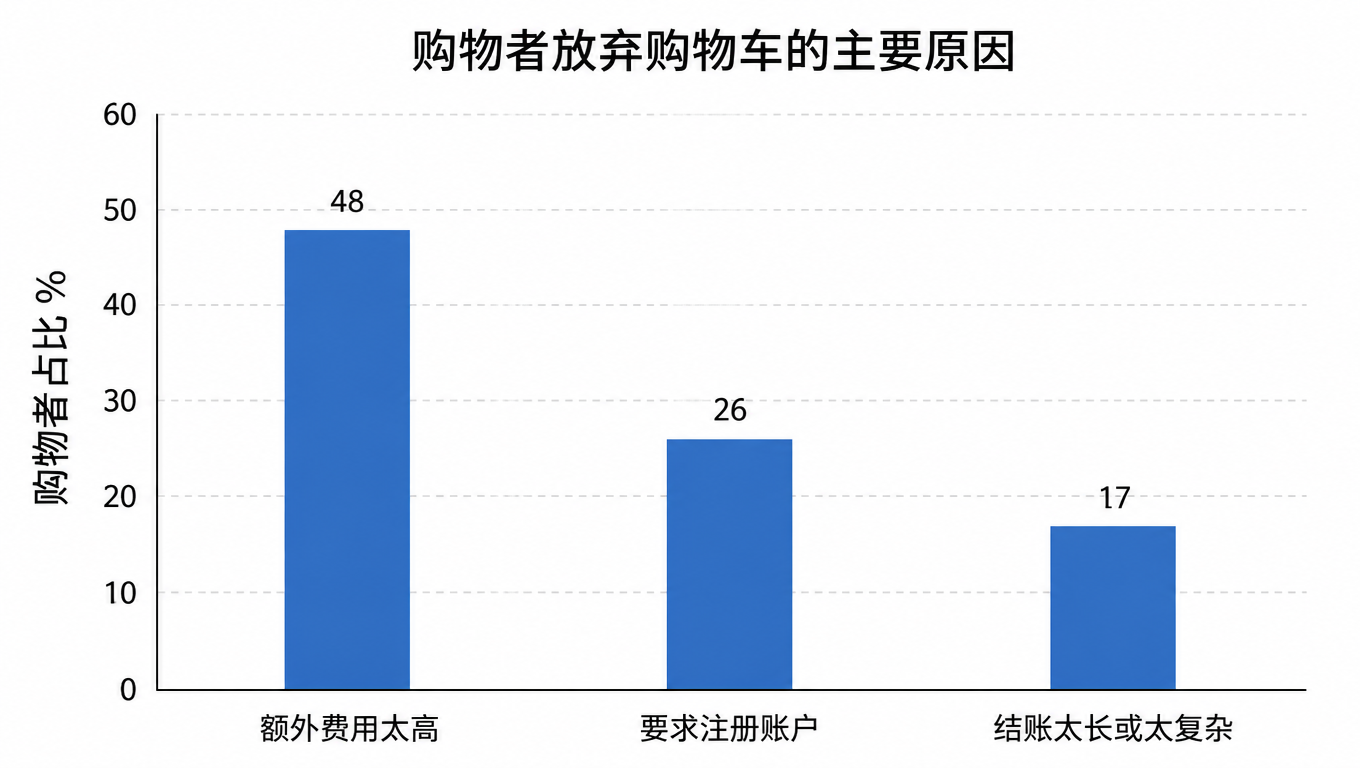 购物者放弃购物车的主要原因:额外费用太高 48%,要求注册账户 26%,结账太长或太复杂 17%