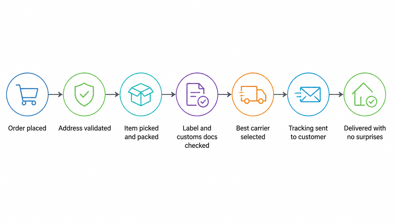 Flow: order placed, address validated, item picked and packed, label and customs docs checked, best carrier selected, tracking sent to customer, delivered with no surprises
