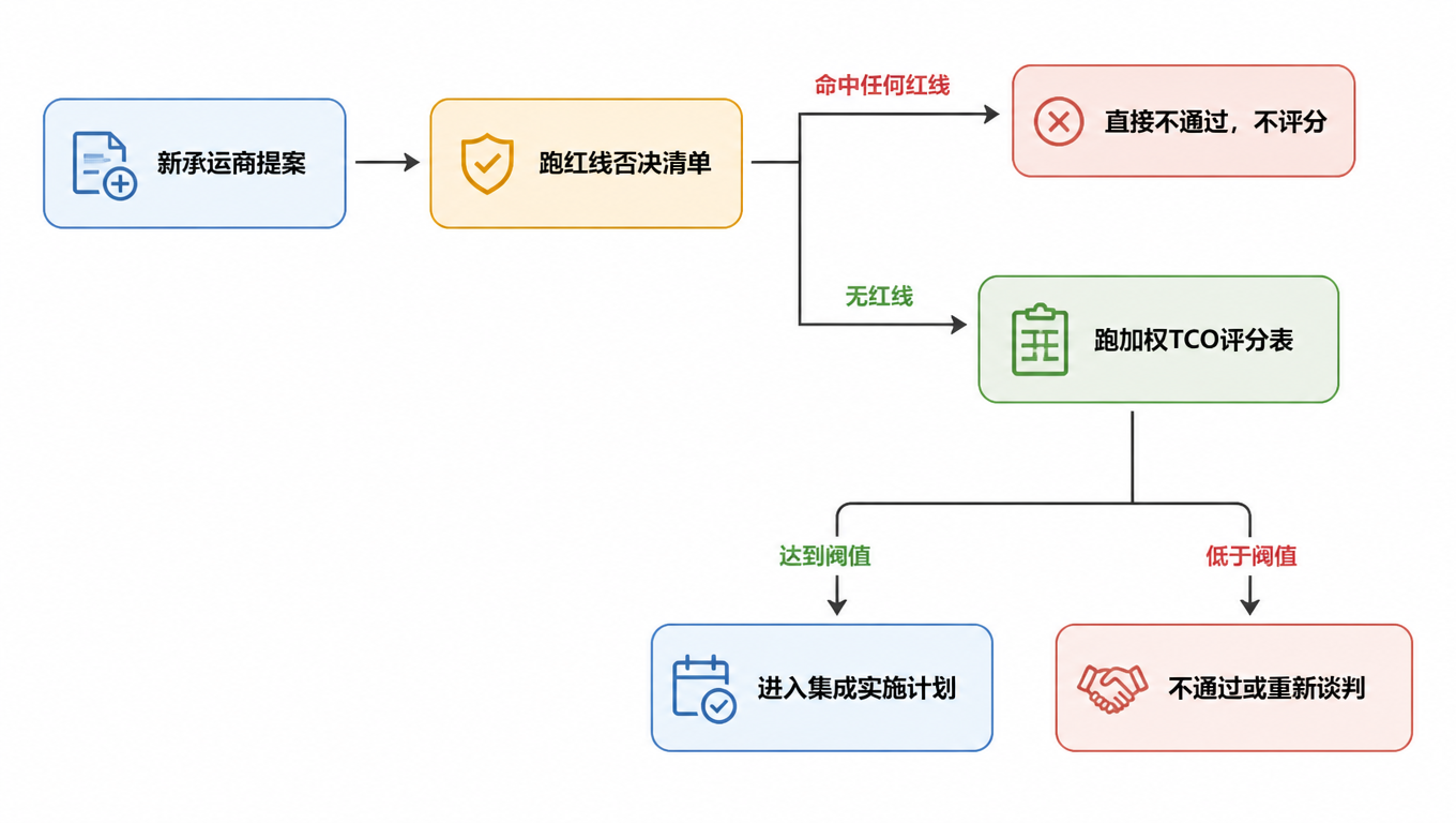 两步决策流程：新承运商提案先跑红线否决清单，命中任何红线直接不通过；无红线则跑加权 TCO 评分表，达到阈值进入集成实施计划，低于阈值则不通过或重新谈判