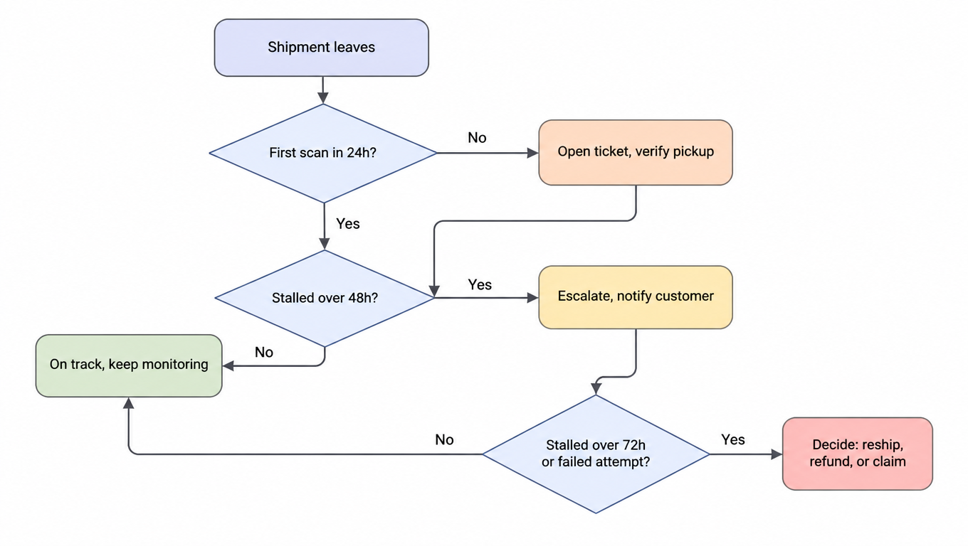 Decision flow: shipment leaves, no first scan in 24h opens a ticket and verifies pickup, stalled over 48h escalates and notifies the customer, stalled over 72h or failed attempt triggers a reship, refund, or claim decision