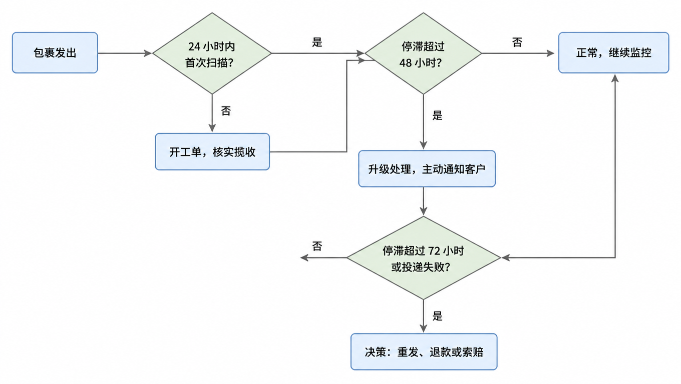 决策流程图:包裹发出后 24 小时无首次扫描则开工单并核实揽收,停滞超 48 小时升级并主动通知客户,停滞超 72 小时或投递失败则决策重发、退款或索赔