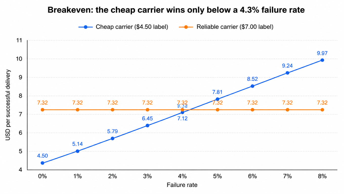 Line chart: CPSD for cheap and reliable carriers as the failure rate rises, lines cross at roughly a 4.3% failure rate
