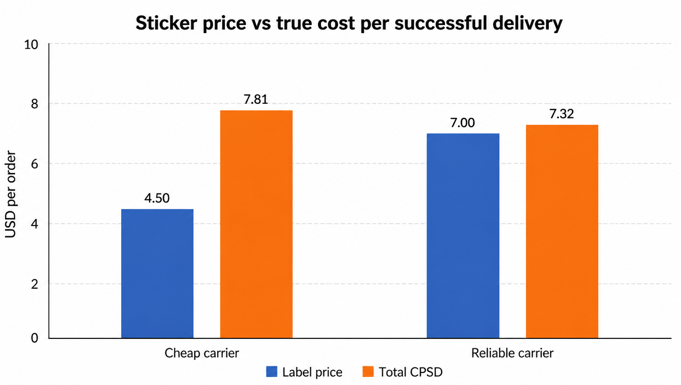 Bar chart: label price vs total CPSD for cheap and reliable carriers, 4.5 vs 7 label, 7.81 vs 7.32 total CPSD