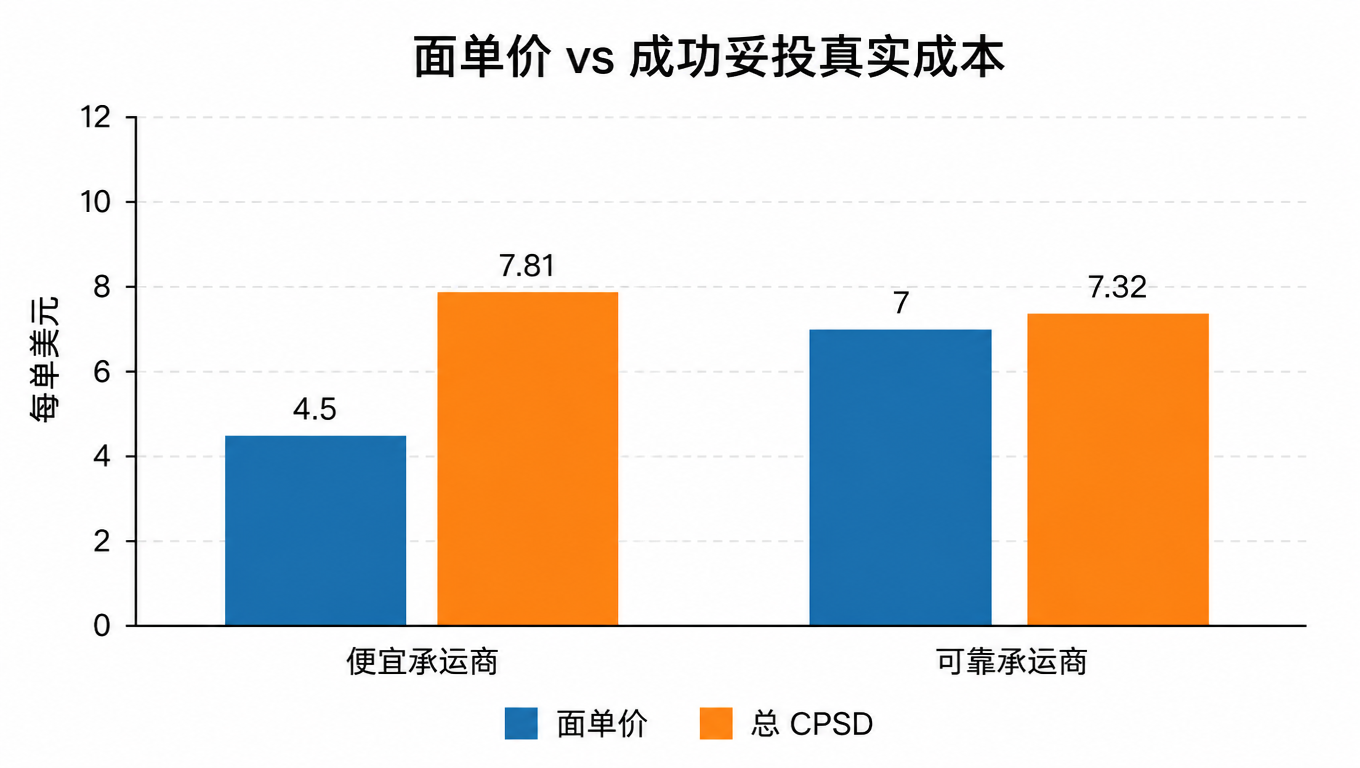 柱状图:便宜承运商与可靠承运商的面单价与总成功妥投成本对比,面单价 4.5 对 7 美元,总 CPSD 7.81 对 7.32 美元