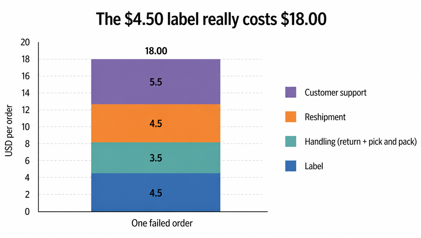 Stacked bar chart: cost breakdown of one failed order, label 4.5, handling 3.5, reshipment 4.5, support 5.5, total 18