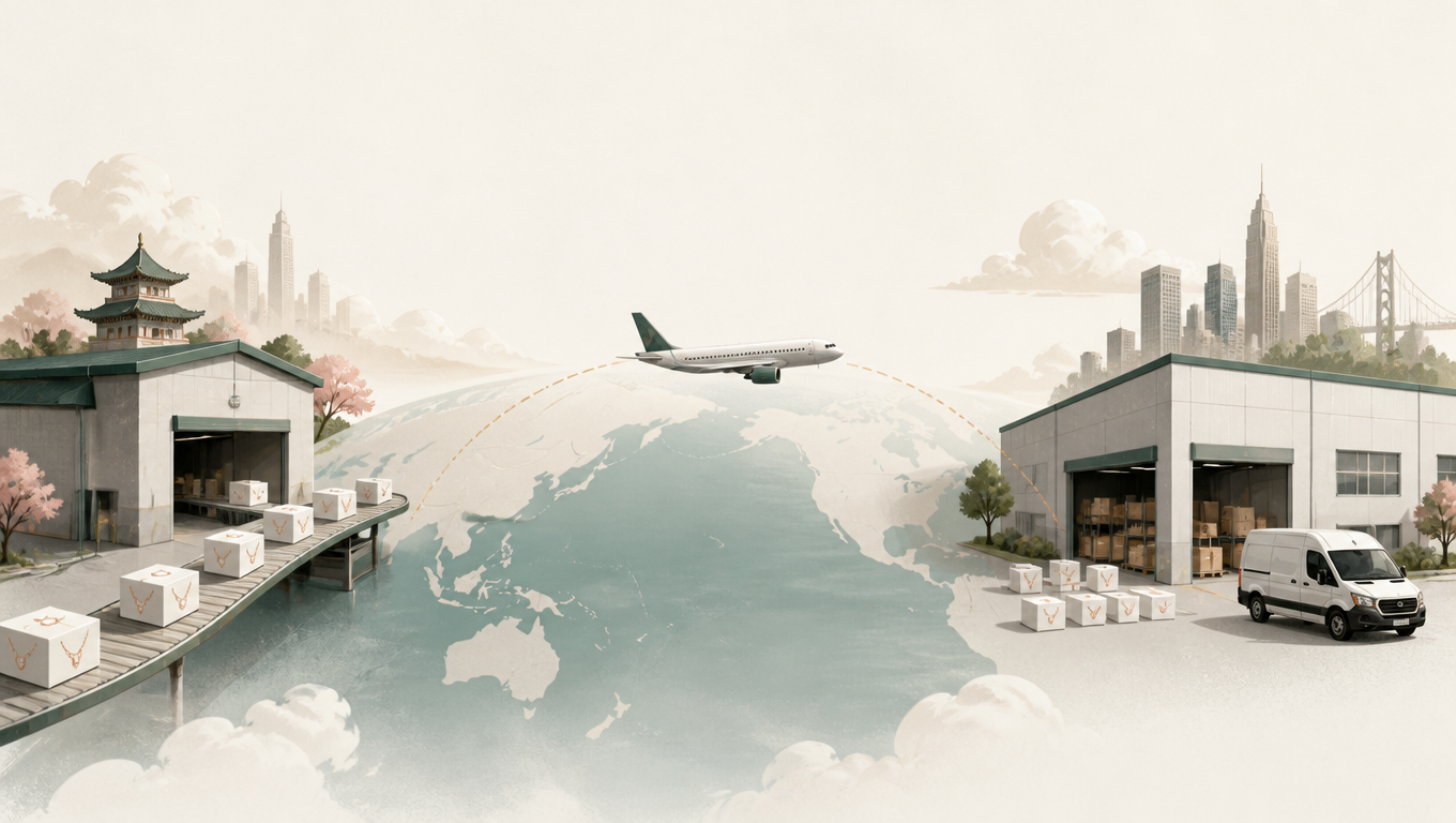 Cross-border fulfillment illustration linking a jewelry parcel, a cargo aircraft and a U.S. warehouse.