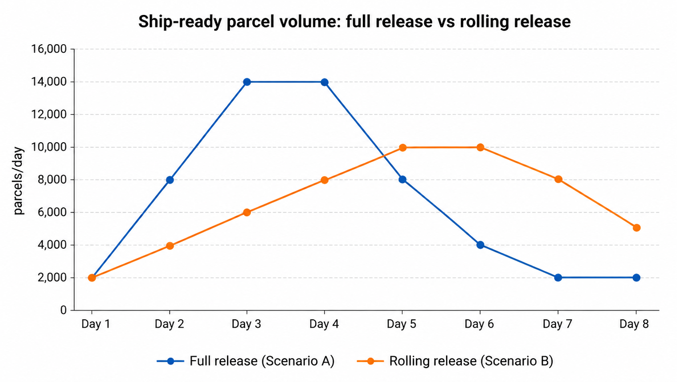 Line chart comparing full release spiking to 14,000 parcels/day on day 3 versus rolling release forming a gentler multi-day ramp with a lower peak