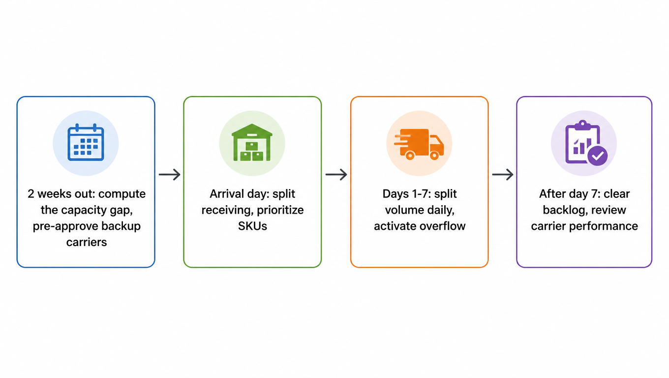 Flowchart: two weeks out compute the capacity gap and pre-approve backup carriers, arrival day split receiving and prioritize SKUs, days 1-7 split volume daily and activate overflow, after day 7 clear backlog and review carrier performance