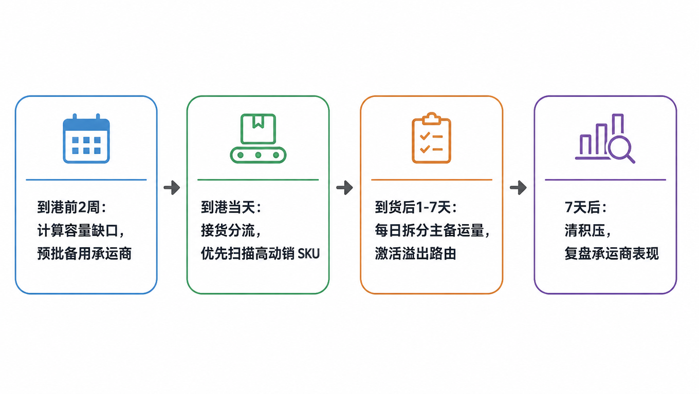 流程图:到港前两周计算容量缺口并预批备用承运商,到港当天接货分流并优先扫描 SKU,到货后 1 到 7 天每日拆分主备运量并激活溢出路由,7 天后清积压并复盘承运商表现