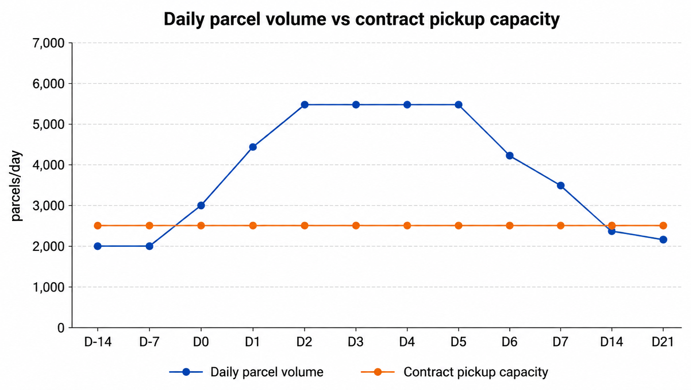 Line chart: daily parcel volume peaks at 5,500 parcels/day after arrival while contract pickup capacity stays flat at 2,500 parcels/day; the gap between the two lines is the capacity gap